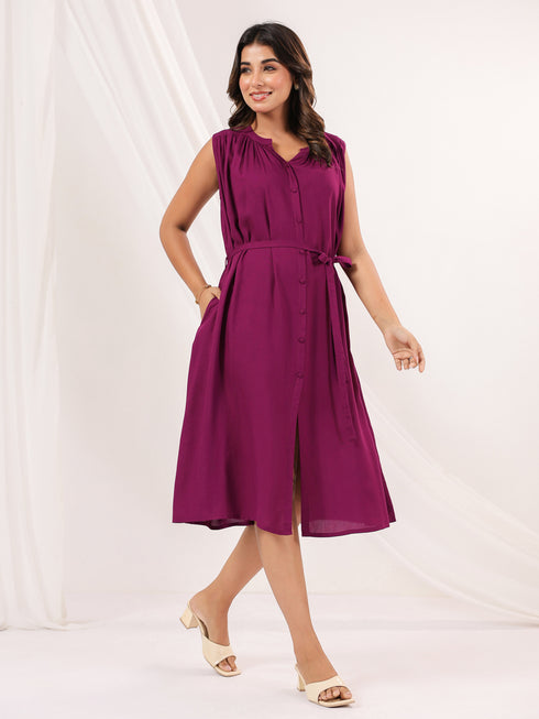Janasya Women's Wine Rayon Solid A-line Dress
